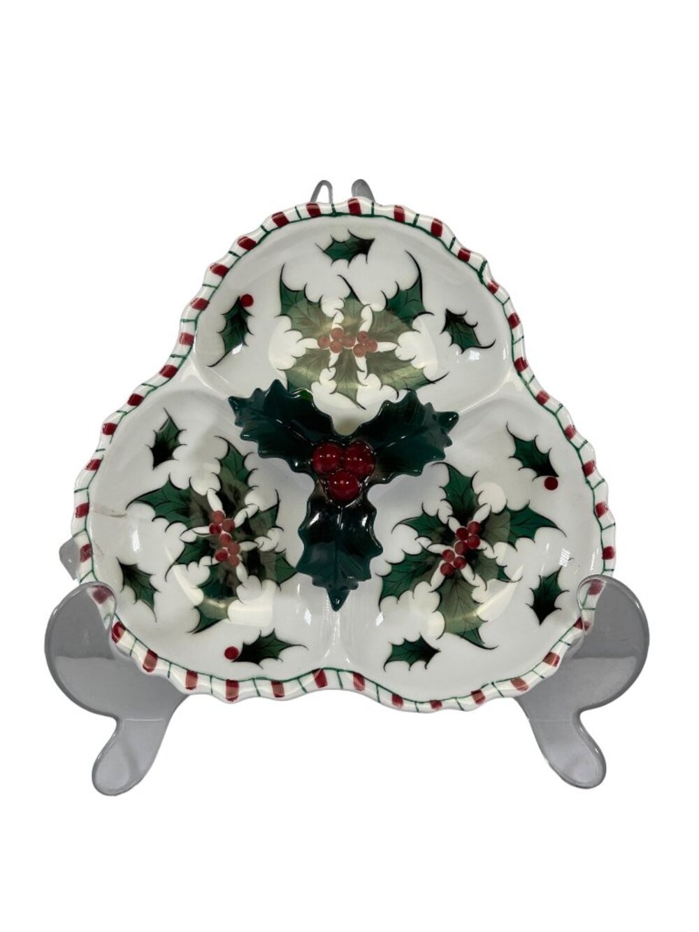 Lefton Japan Vintage Holly Three-Section Hand Decorated Nut or Candy Dish